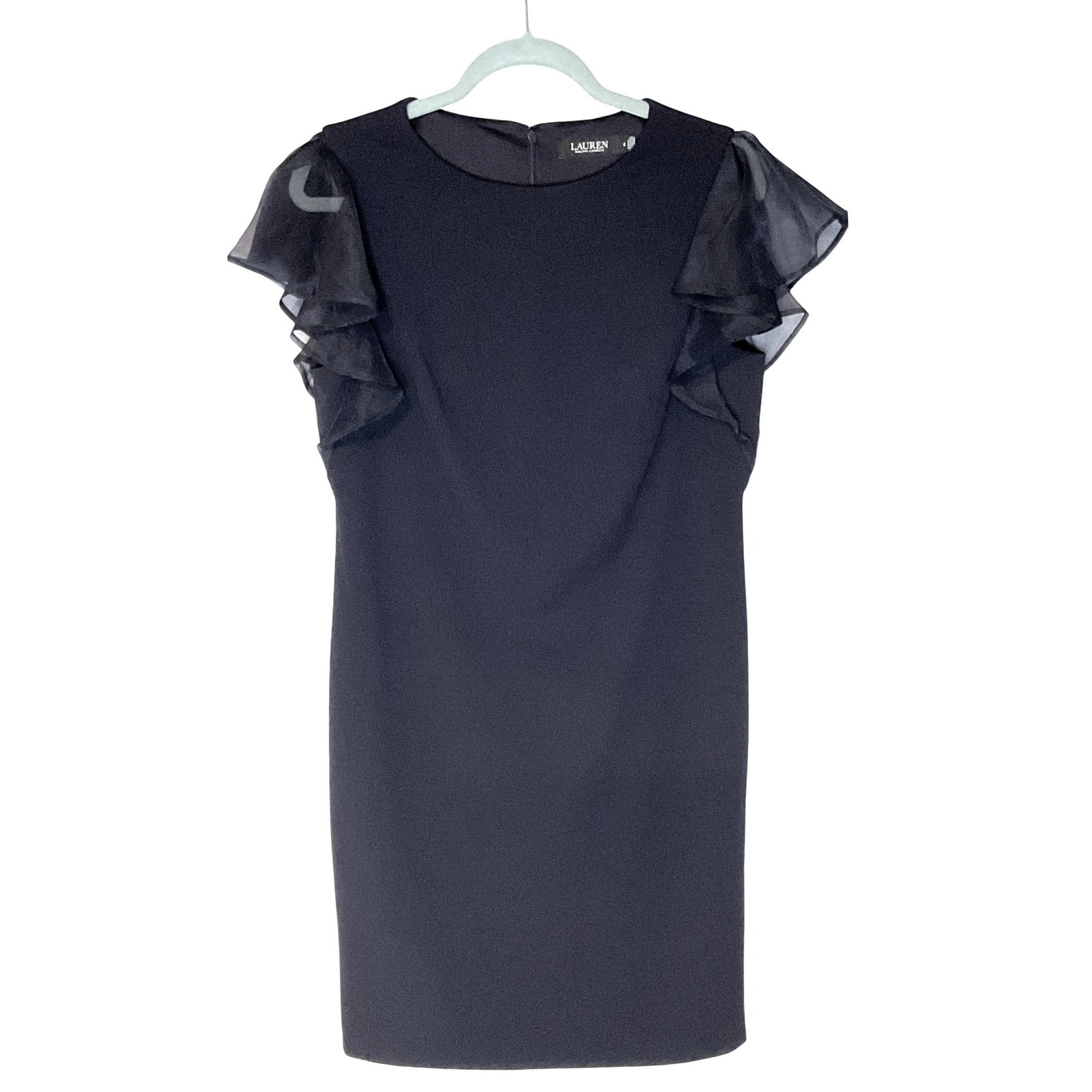 Lauren Ralph Lauren Black Label Crepe Flutter Sleeve Sheath Dress Navy Blue Sz 8